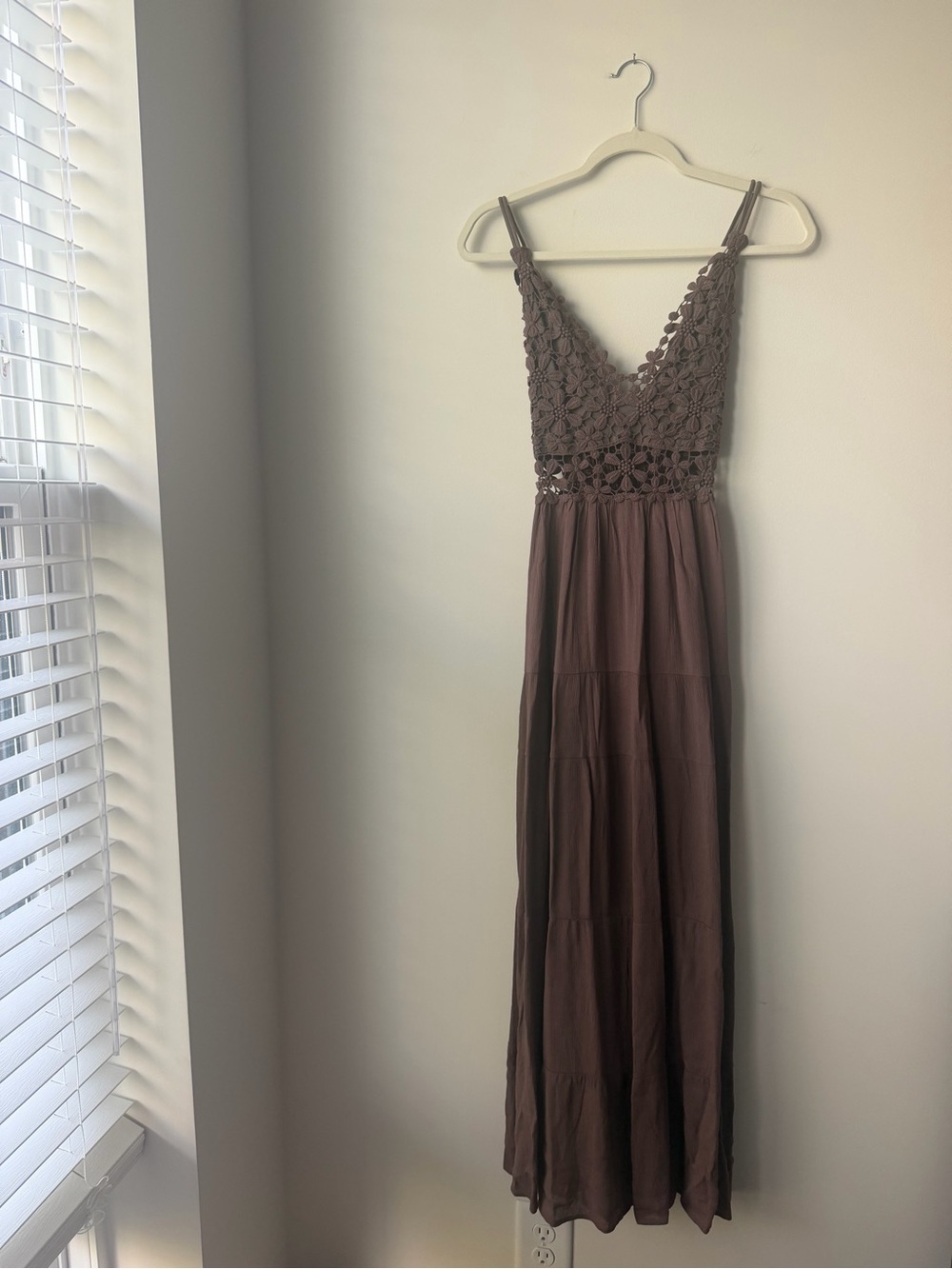 LA MIEL Crochet Bodice Maxi Dress — Taupe Brown